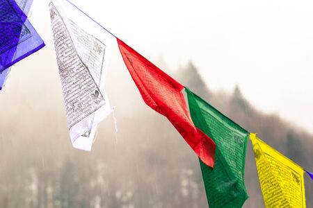 Colorful flags with a mountain in the backgroundの写真素材