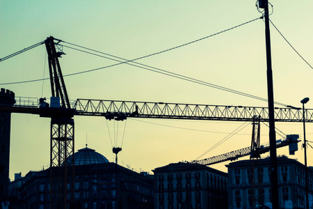 Industrial cranes in the center of Naples photographed during sunsetのeditorial素材