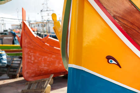 Luzzu, typical Malta boat decorated with the eye of Horusの写真素材