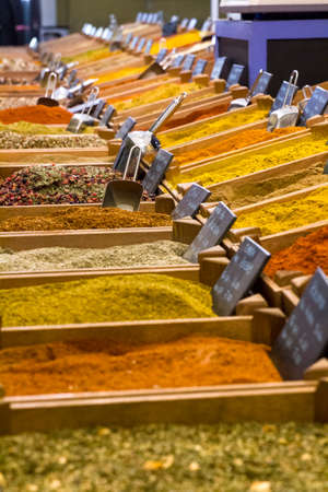 Colorful spices on the traditional arabian souk (market) in Genovaの写真素材