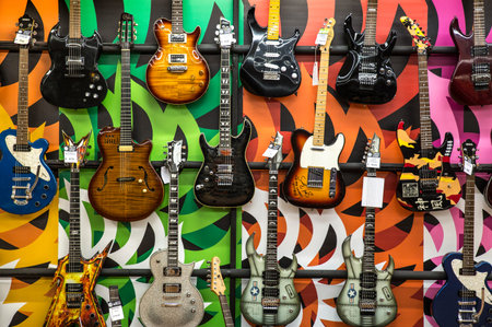Genova, Italy - December 3, 2017: Semi-acoustic hollow-body electric guitars on display in a music...
