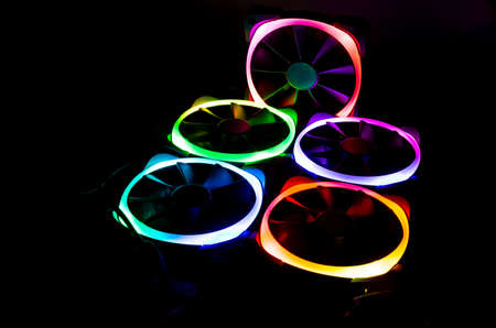 Computer fans with multicolored colored led light, blue, red, purple and greenの写真素材