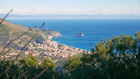 Italy, panorama of the Ligurian coast with a view of the city of varigottiの写真素材