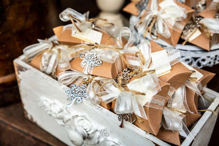elegant wedding favors with vintage boxの写真素材