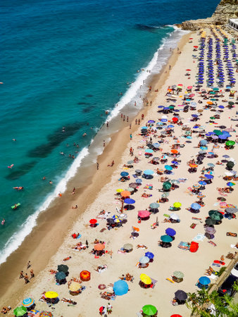Italian beaches with tourists top viewの写真素材