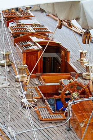 An antique yachts wooden rudderの写真素材