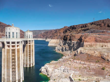 Hoover Dam Bridge and Colorado River in Desert Canyon Landscapeの写真素材
