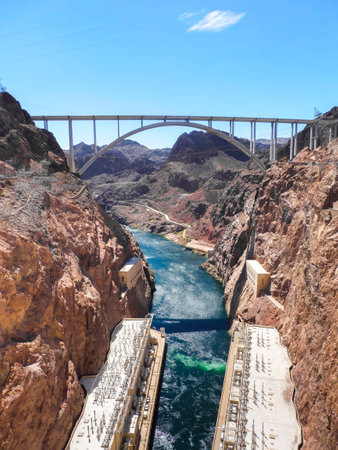 Scenic View of Hoover Dam and Bridge in Arizona-Nevada Borderの写真素材
