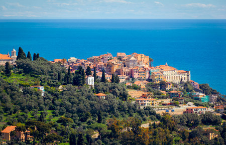 Aerial View of Porto Maurizio Historical Town on Italian Riviera Coastlineの写真素材