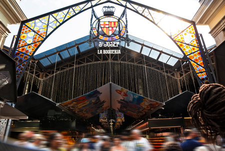 Crowd at Entrance of La Boqueria Market in Barcelona Spainの写真素材