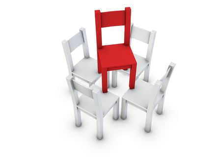 An isolated gray chairs are supporting one red chair on white backgroundの写真素材