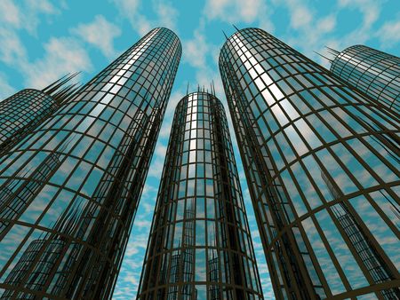 Five tall skyscrapers against the skyの写真素材