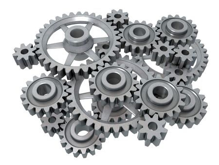 An isolated complex cogwheels mechanism on white backgroundの写真素材