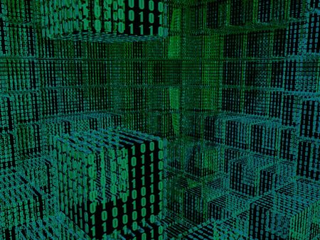 An abstract blue and green binary cubes in 3d gridの写真素材