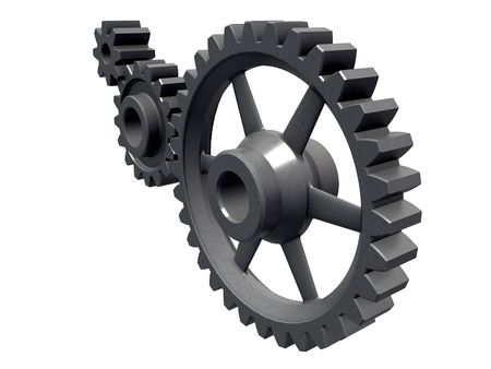 An isolated detail of three cogwheels on white backgroundの写真素材