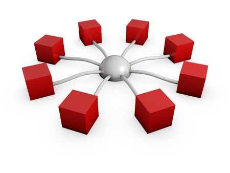 An isolated red boxes connected to silver hub on white backgroundの写真素材