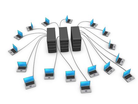 Network of notebooks connected to servers isolated on white backgroundの写真素材