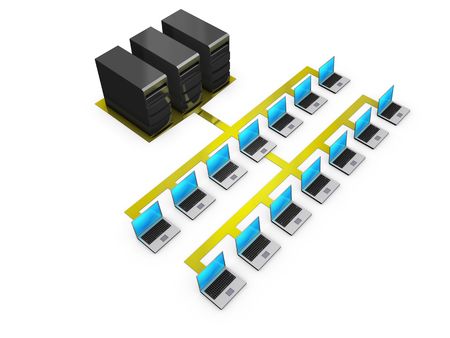 An isolated network of notebooks connected to servers on white backgroundの写真素材