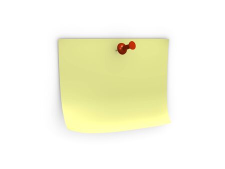 An isolated yellow note with red push pin on white backgroundの写真素材