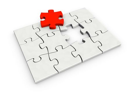 An isolated incomplete puzzle with last red piece on white backgroundの写真素材