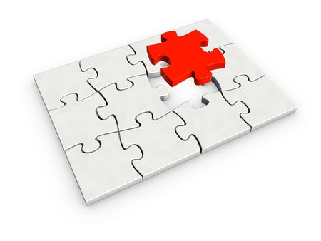 An isolated incomplete puzzle with last red piece on white backgroundの写真素材