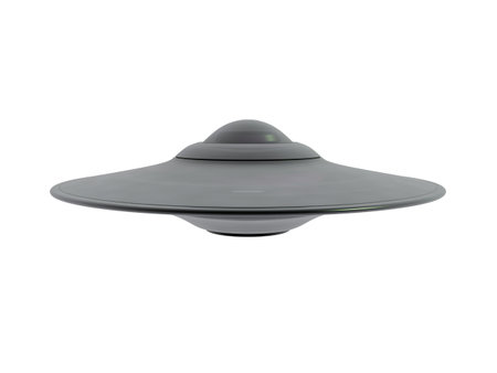 An isolated hovering gray ufo on white backgroundの写真素材