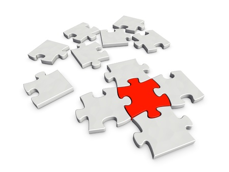 An incomplete puzzle with crucial red piece which is a key for completion isolated on white backgroundの写真素材