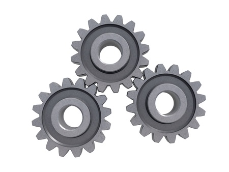 An isolated three metal gears on white backgroundの写真素材