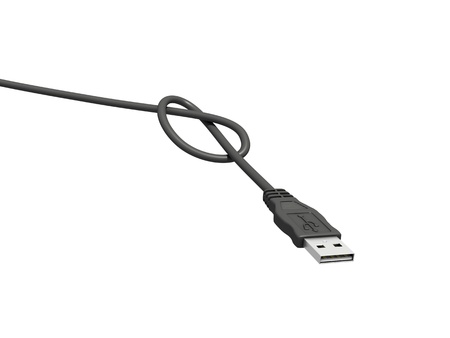 An isolated black usb male connector with a knot on a cable on white backgroundの写真素材