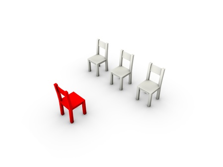 An isolated three simple gray chairs and a red one in front of them on white backgroundの写真素材