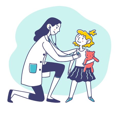Child with toy visiting doctor. Pediatrician with stethoscope examining girl flat vector illustration. Medicine, examination, healthcare concept for banner, website design or landing web pageのイラスト素材