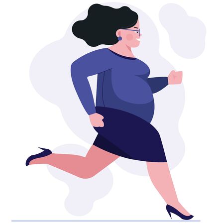 Fat woman in hurry. Female employee in high heeled shoes running to office flat vector illustration. Late, time management concept for banner, website design or landing web pageのイラスト素材