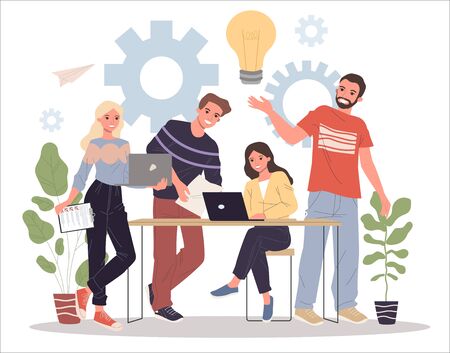 Happy team working on startup together. Men and women using laptops, lightbulb, gears flat vector illustration. Ideas, brainstorming, teamwork concept for banner, website design or landing web pageのイラスト素材