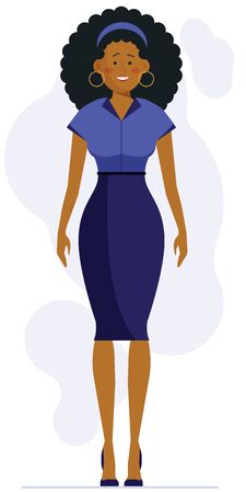 Smiling young African American woman. Office worker, assistant, curly hair flat vector illustration. Female employee, ethnicity, fashion concept for banner, website design or landing web pageのイラスト素材