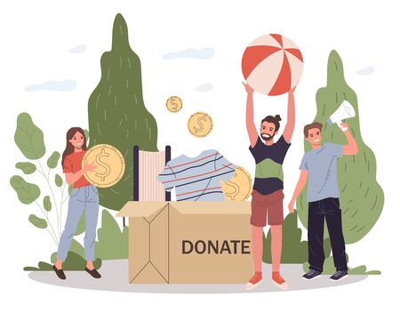 Happy young people packing donation boxのイラスト素材