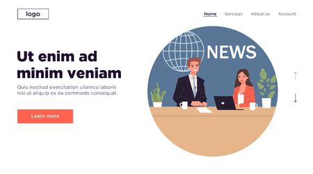 Couple of newscasters. News anchor interviewing guest flat vector illustration. TV show, broadcasting, media concept for banner, website design or landing web pageのイラスト素材