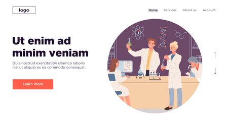 Happy lab assistants analyzing samples. Chemists working with chemical tubes in lab flat vector illustration. Science, experiment, laboratory concept for banner, website design or landing web pageのイラスト素材