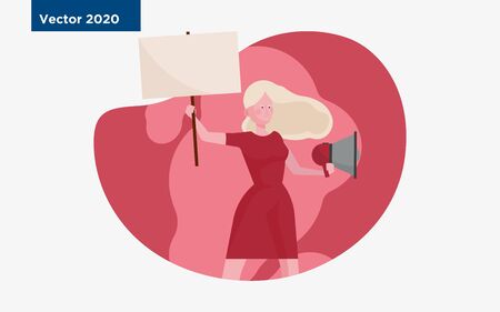 Female protester holding placard and megaphone outdoors. Activist, picket, demonstrator flat vector illustration. Strike, campaign, protest concept for banner, website design or landing web pageのイラスト素材