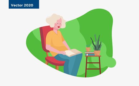 Woman with open book sitting on chair. Reading, female book reader, hot drink flat vector illustration. Leisure, hobby, novel concept for banner, website design or landing web pageのイラスト素材