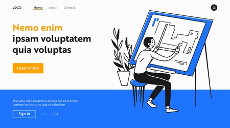 Male architect working on building project. Engineer making draft, blueprint flat vector illustration. Architecture, engineering, design project concept for banner, website design or landing web pageのイラスト素材