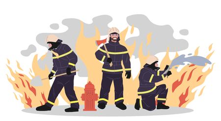 Firefighters vector illustration. Group of men in protective clothes with tools extinguishing fire. Firemen team for aid, safety, rescuing, training conceptのイラスト素材