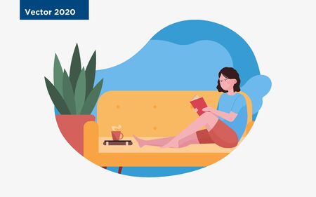 Young woman with book relaxing at home. Reading, couch, hot drink flat vector illustration. Relaxation, winter, leisure concept for banner, website design or landing web pageのイラスト素材