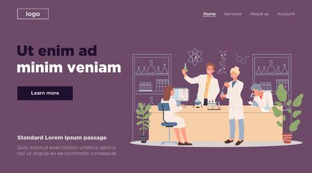 Team of scientists doing lab research. Chemists working with chemical tubes in laboratory flat vector illustration. Science, experiment, studying concept for banner, website design or landing web pageのイラスト素材