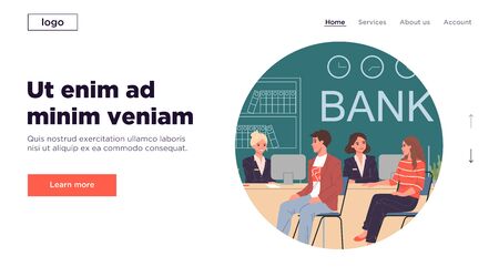 Bank consultants talking to clients. Customers consulting managers in bank lobby flat vector illustration. Finance, credit, consultation concept for banner, website design or landing web pageのイラスト素材