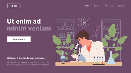 Scientist with microscope doing lab research. Chemist in white coat, test tubes, probe flat vector illustration. Biology, science, medical test concept for banner, website design or landing web pageのイラスト素材
