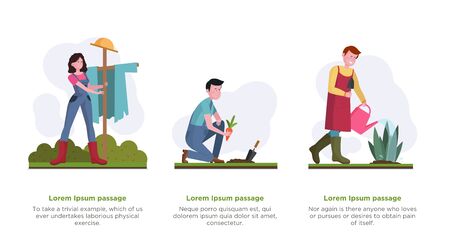 Gardeners outdoors set. People gathering harvest, watering plants, setting scarecrow flat vector illustration. Gardening, farming, activity concept for banner, website design or landing web pageのイラスト素材