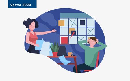 Furious manager blaming forgetful employee. Mistake, note board, shouting at colleague flat vector illustration. Blowing job, error, failure concept for banner, website design or landing web pageのイラスト素材