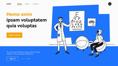Young man examining eyesight. Patient visiting ophthalmologist office flat vector illustration. Examination, clinic, eye care concept for banner, website design or landing web pageのイラスト素材