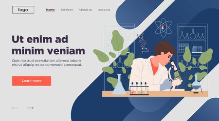 Scientist with microscope analyzing samples in lab. Chemist, laboratory, probe flat vector illustration. Biology, science, clinic research concept for banner, website design or landing web pageのイラスト素材