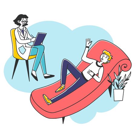 Young man consulting psychologist. Patient resting in couch and speaking, psychiatrist writing notes. Vector illustration for counseling, psychology, psychological help conceptのイラスト素材